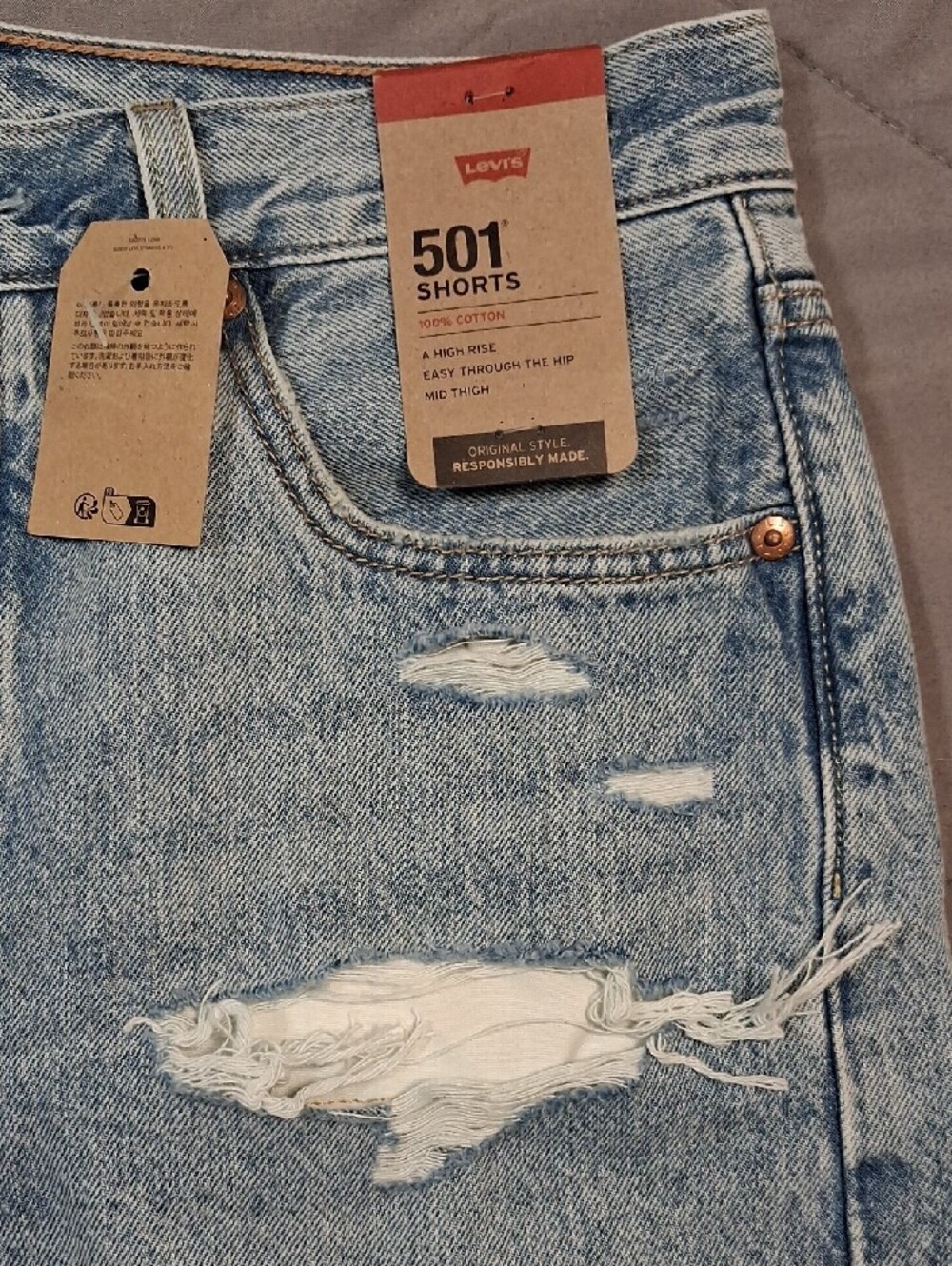 Levi's Light Blue Distressed 501 Women's Jean Shorts - Picture 2 of 6